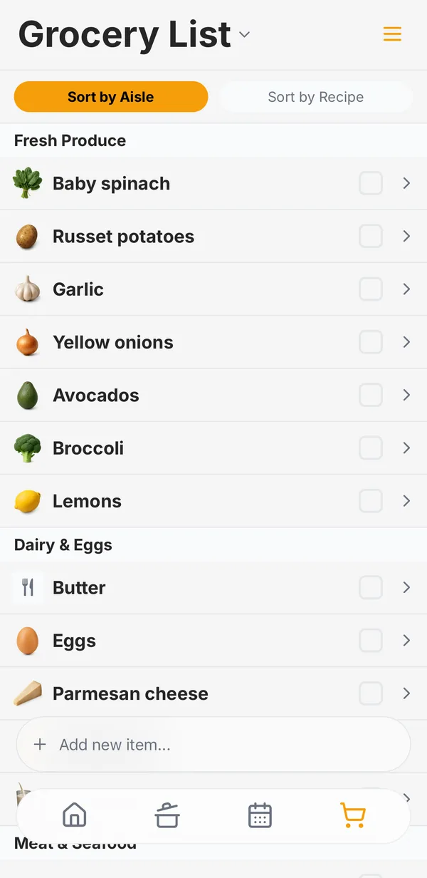 The grocery list sorted by aisle