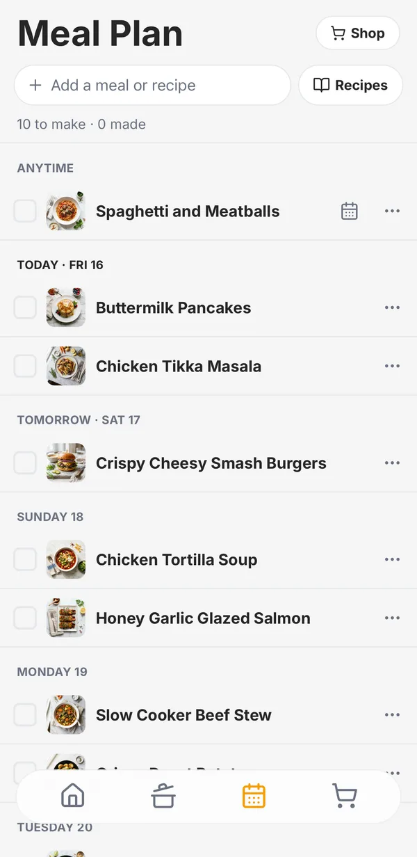 The meal plan with meals grouped by day