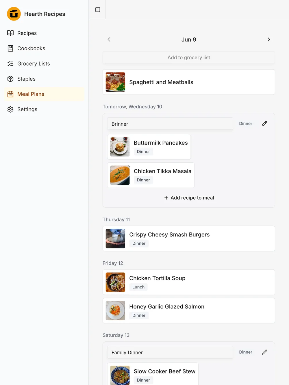 Hearth on a tablet — the household's shared meal plan